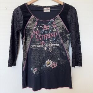 Edista y2k Women Whimsigoth Fairy Grunge Shirt Medium Black Sheer Mesh Velvet‎